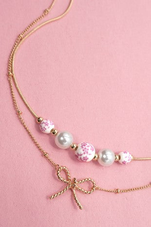 Pink Pearl Bow Layered Necklace